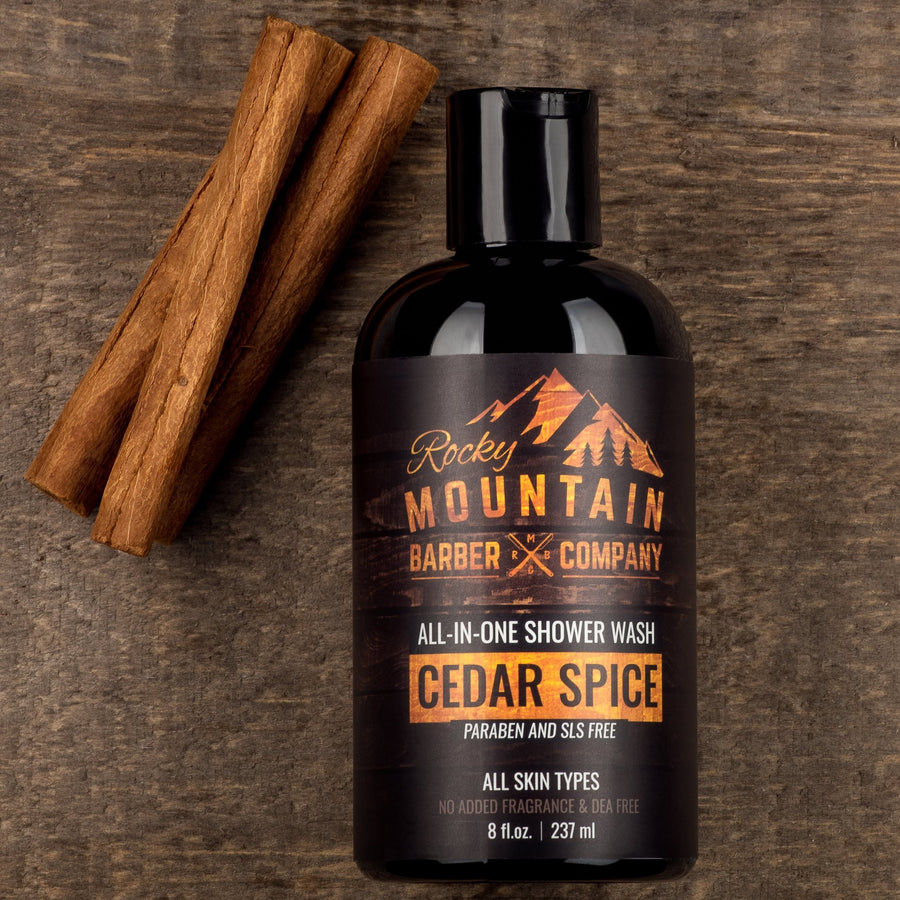 Rocky Mountain Barber Company Cedar Spice Shower Wash With Natural Cinnamon Ingredients